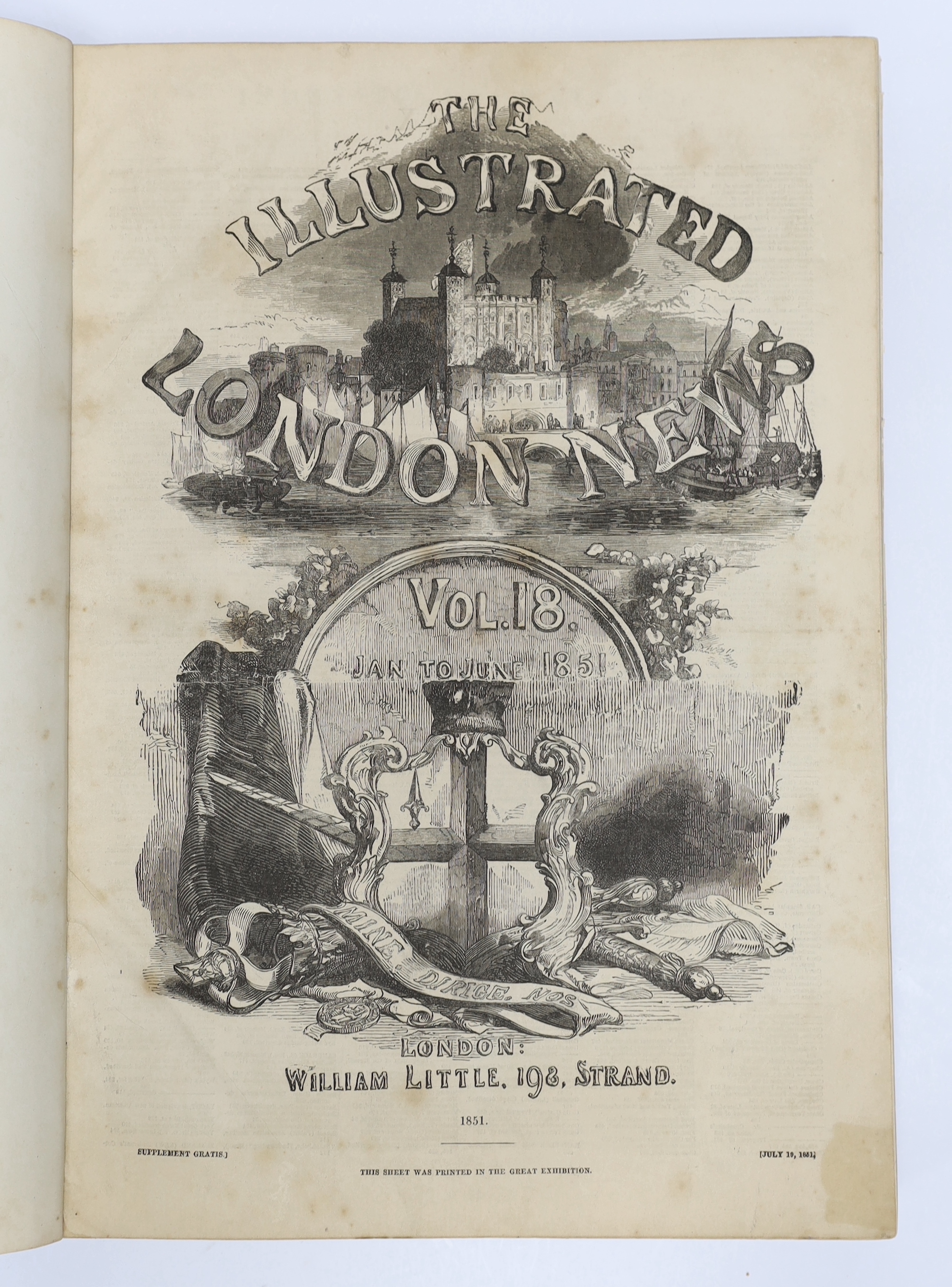 The Illustrated London News - 1851, 2 vols. engraved pictorial titles and many illus. throughout (some d-page or folded, num. relating to the Great Exhibition); contemp. calf backed marbled boards, folio